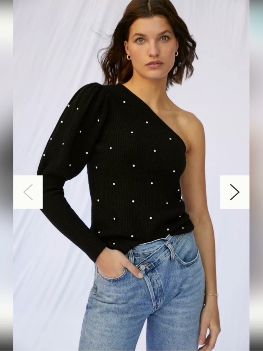 Anthropologie One-Shoulder Black Rhinestone-Embellished Sweater